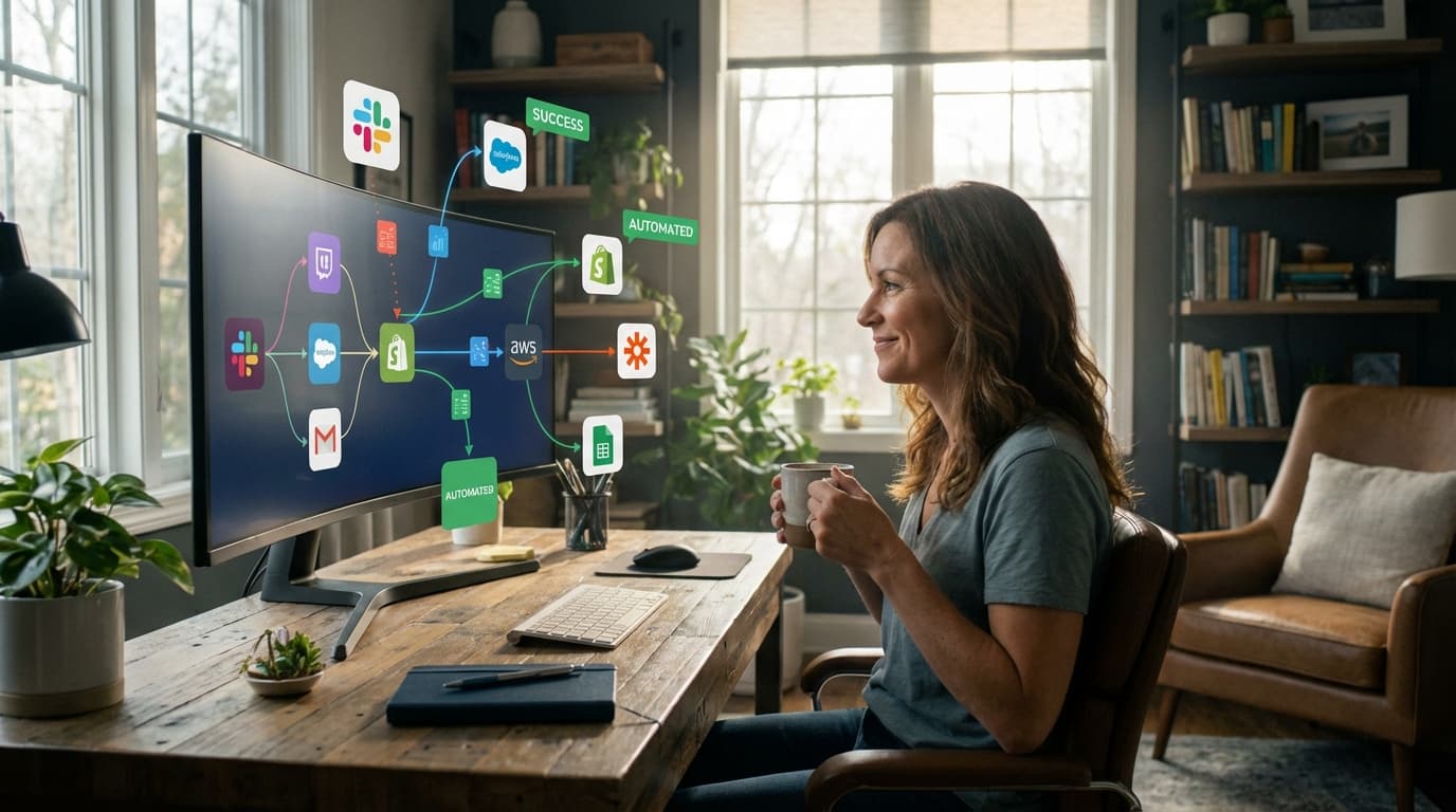 Person som setter opp automatiserte arbeidsflyter på en bærbar datamaskin