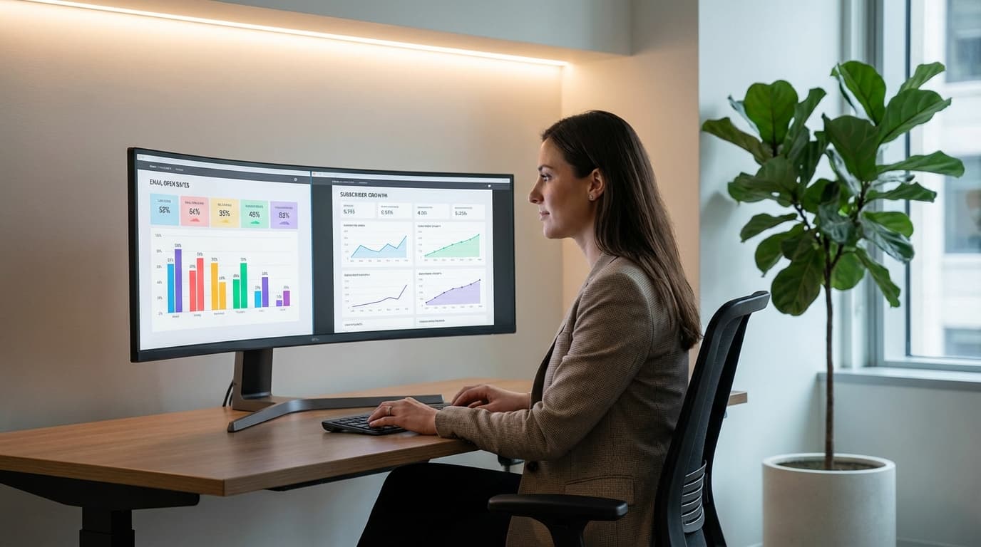 Person som sammenligner e-postverktøy på en dataskjerm