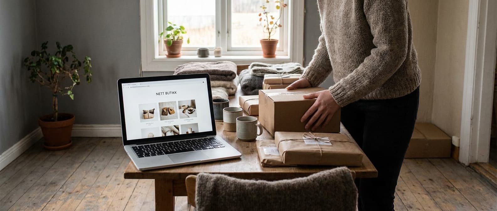 Nettbutikk på laptop med produktgalleri