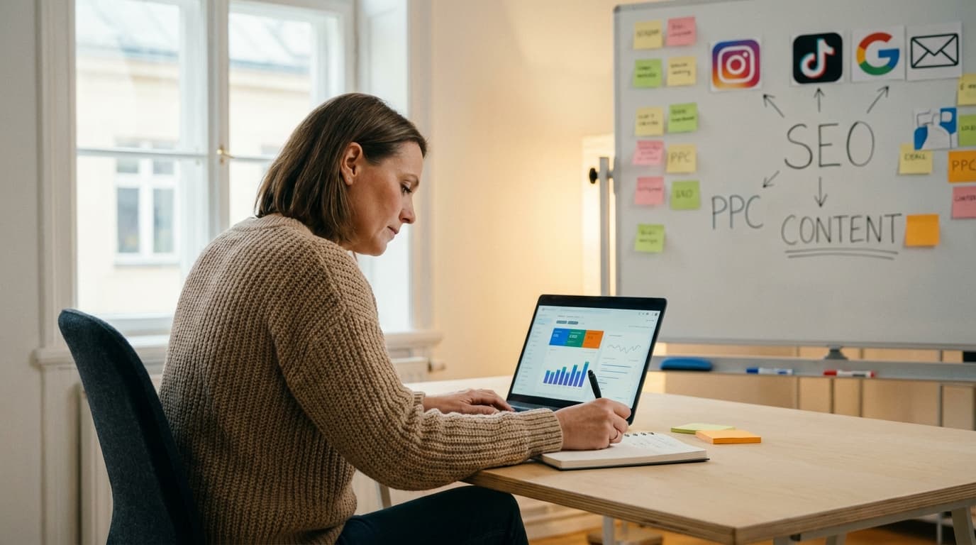 Person som jobber med markedsføring av nettbutikk på laptop