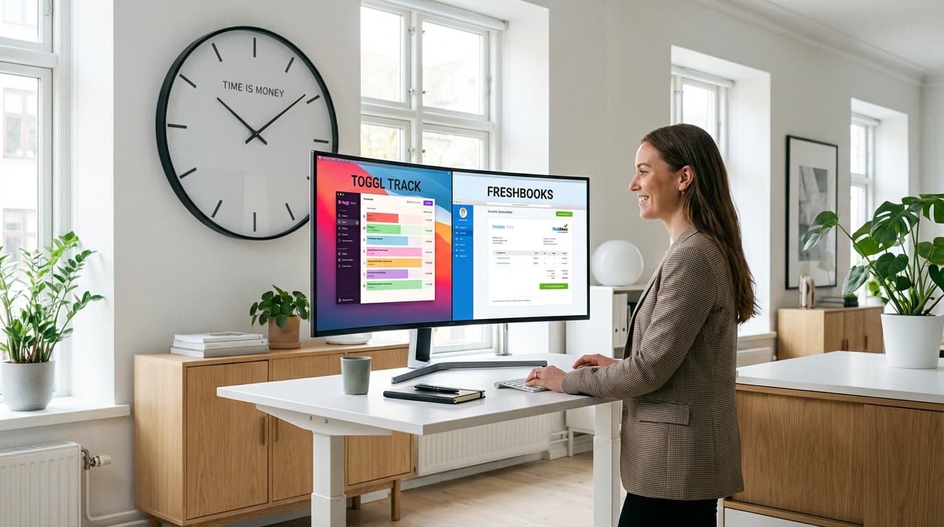 Bærbar datamaskin med faktura- og timeføringssystem på skjermen