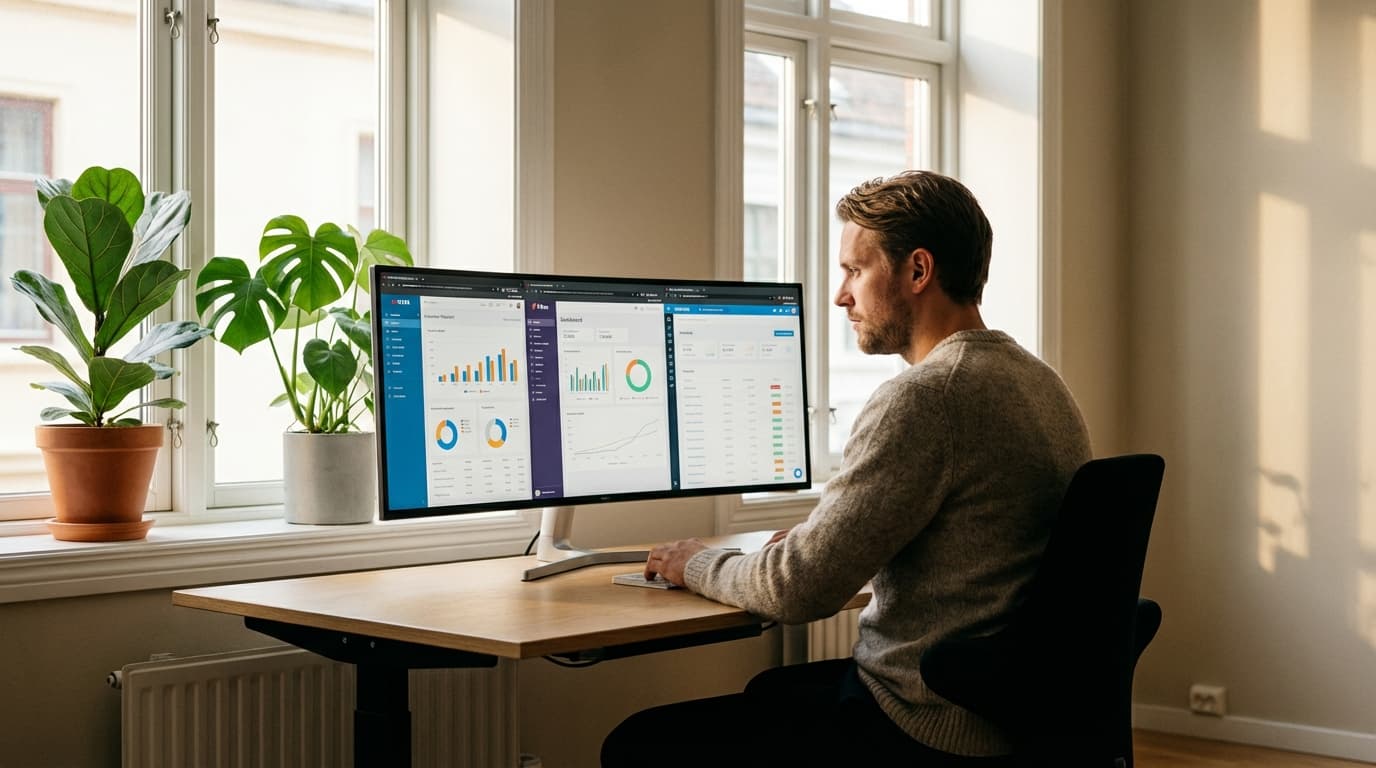 Bedriftseier som sammenligner regnskapsprogrammer på en bærbar datamaskin