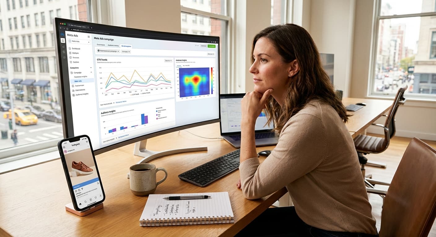 Markedsfører som analyserer annonsekampanje på datamaskin med grafer og tall
