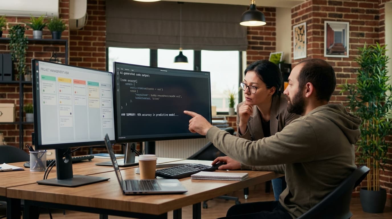 Team diskuterer verktøy med kunstig intelligens for utvikling