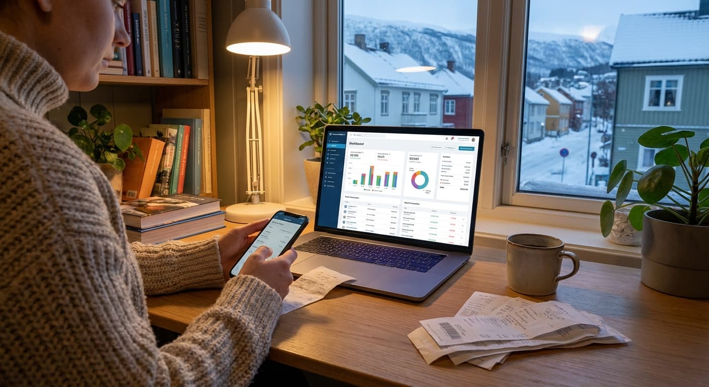 Selvstendig næringsdrivende som jobber med regnskap på en bærbar datamaskin