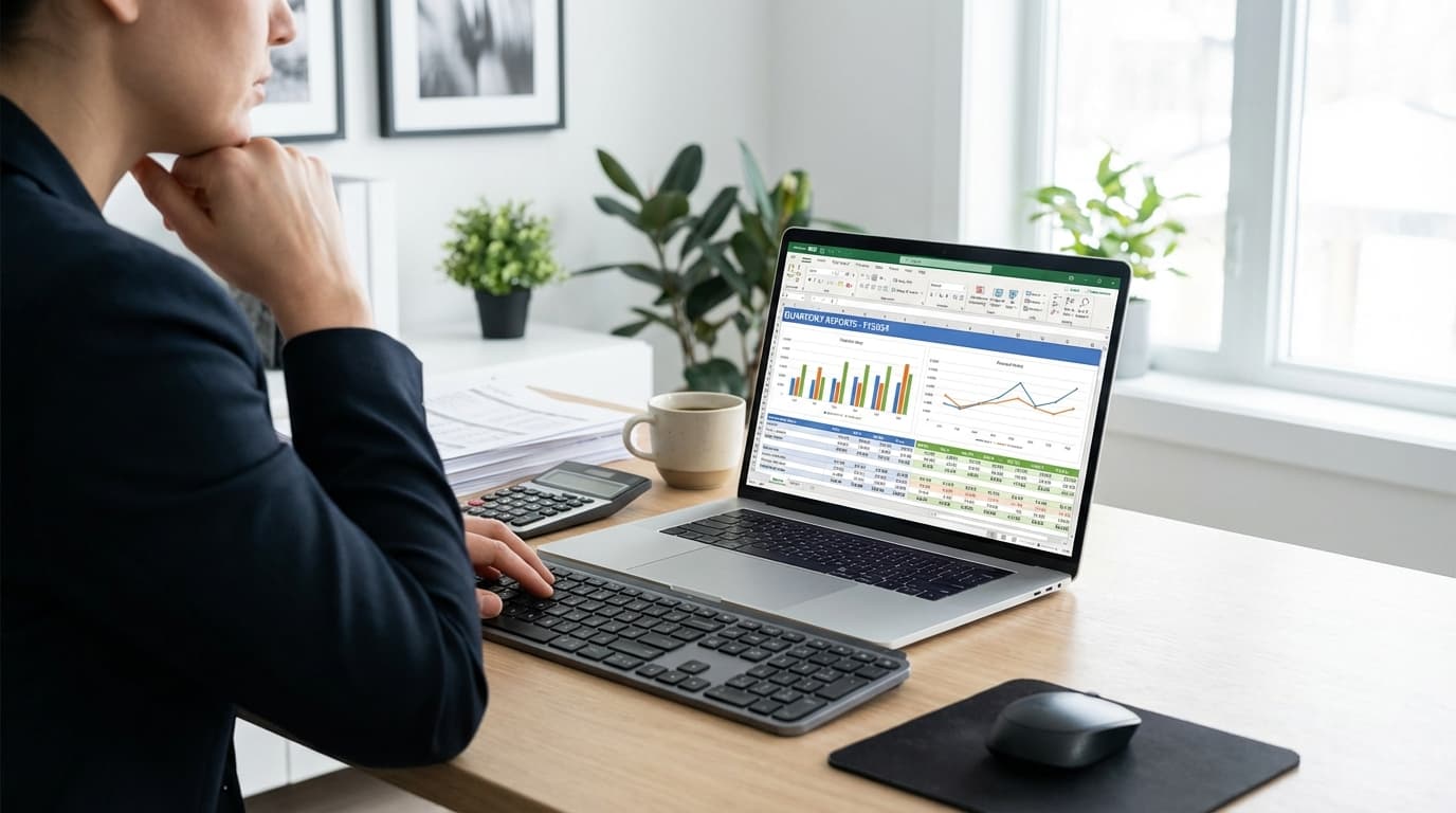 Person som vurderer regnskapsvalg foran en bærbar datamaskin