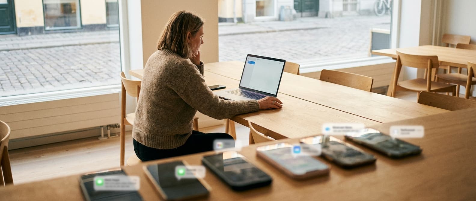 Norsk bedriftsmedarbeider sender gruppe-SMS til mange mottakere fra en bærbar datamaskin