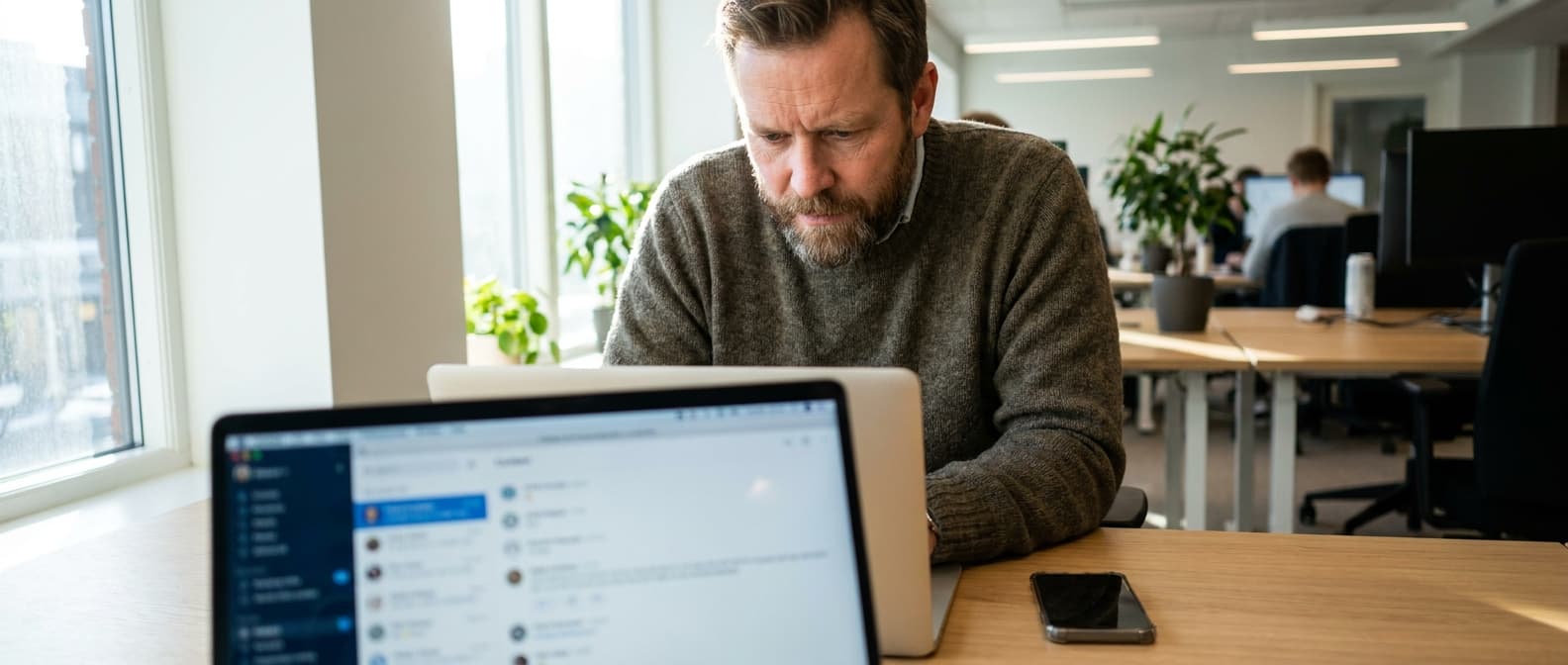 Norsk bedriftsansatt som setter opp gruppe-SMS-utsendelse på bærbar datamaskin