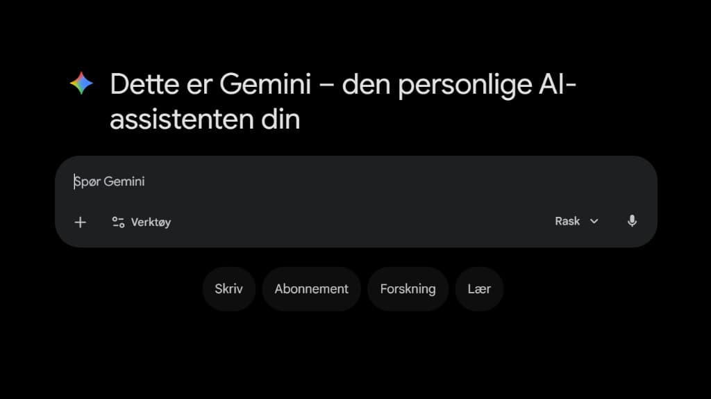 Gemini startskjerm med norsk grensesnitt