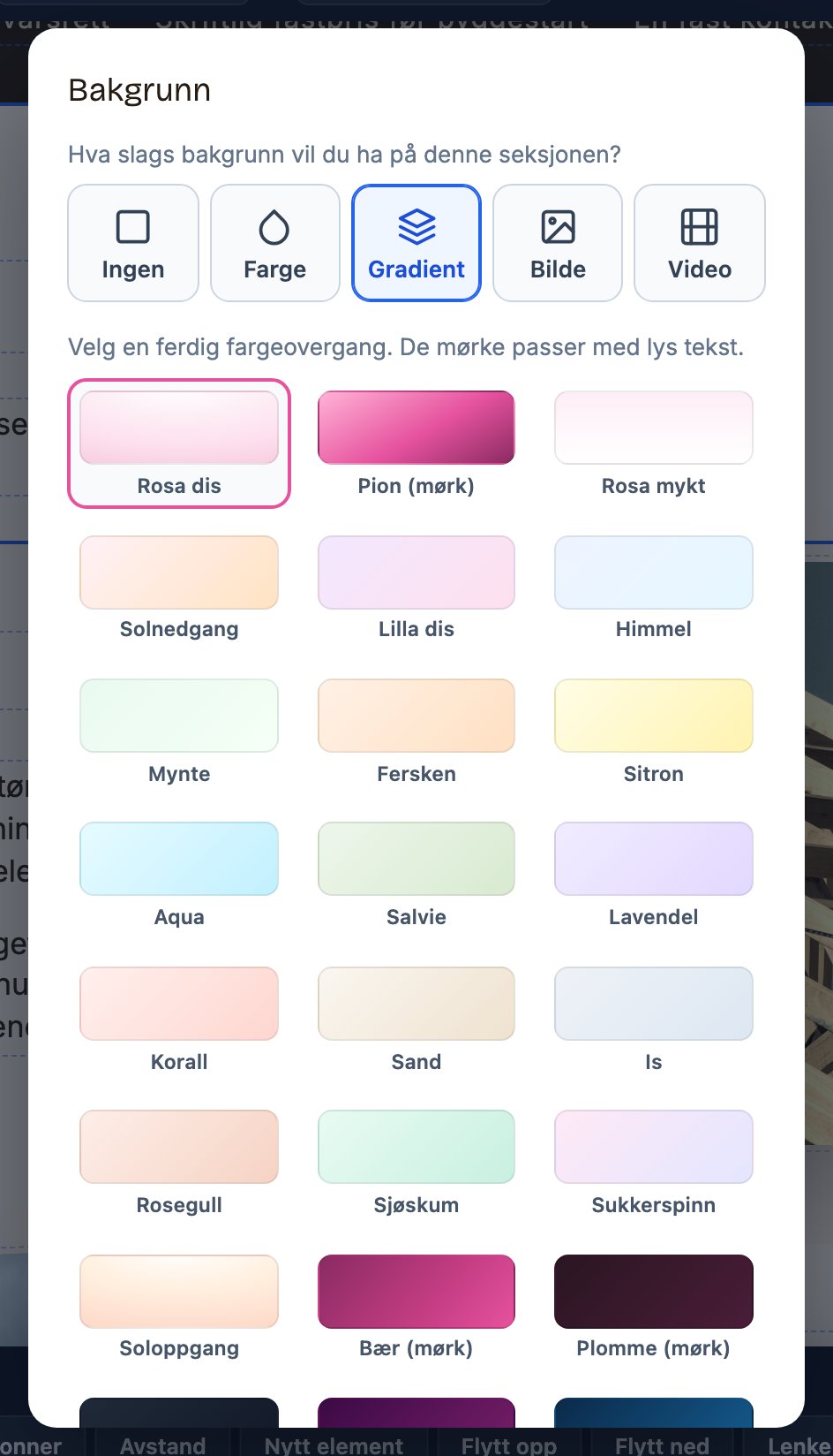 Gradient-panelet i Bakgrunn-dialogen med ferdige fargepaletter