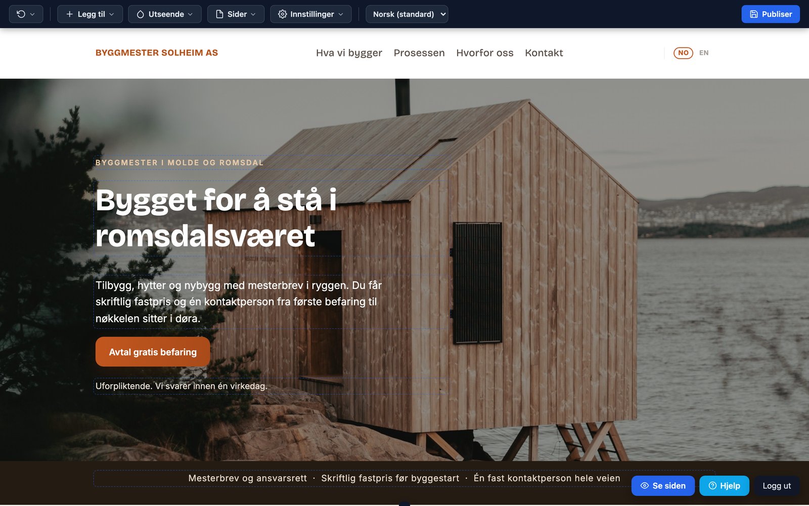 Smartbyrå-editoren åpen på nettsiden til Byggmester Solheim