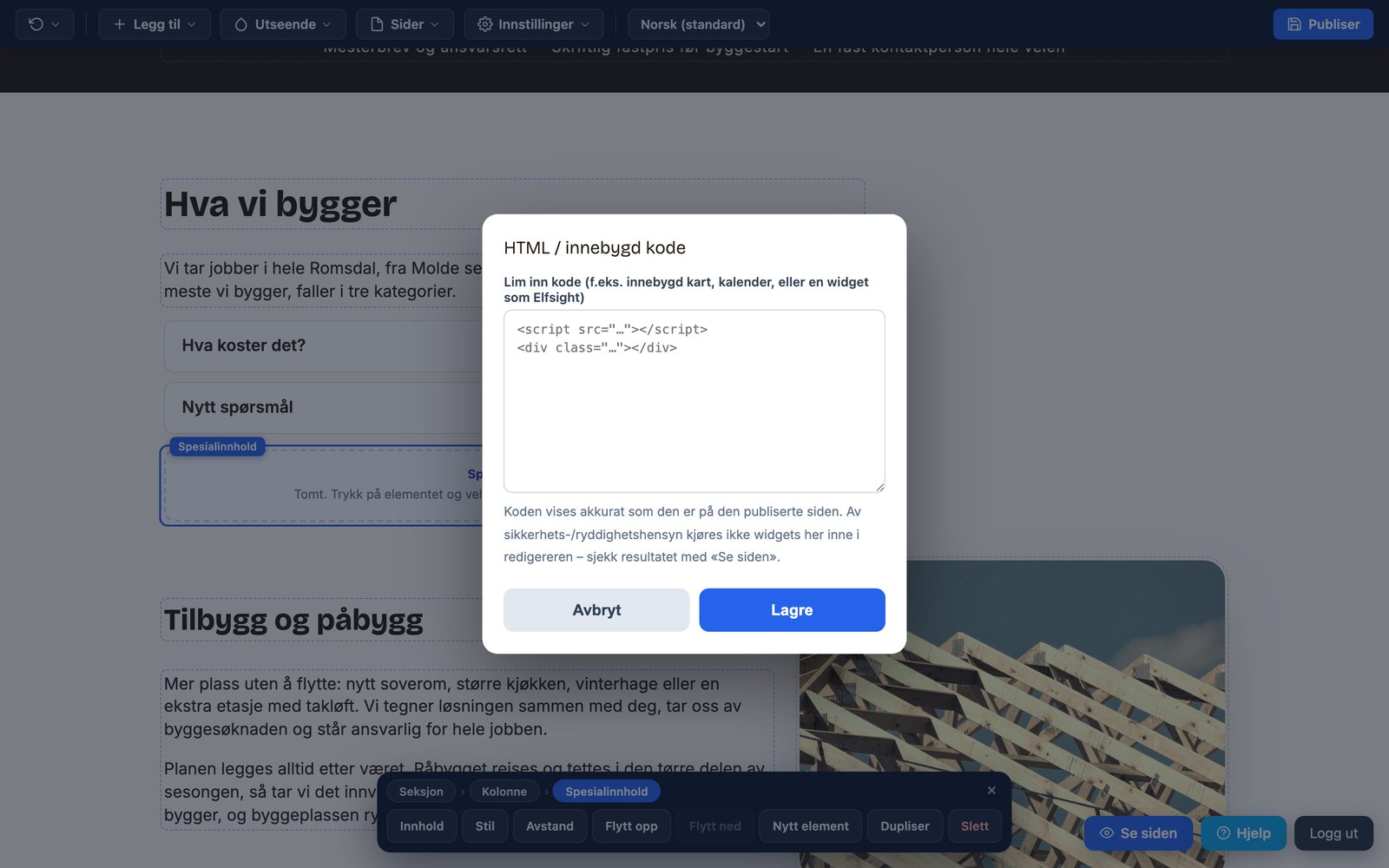 HTML-dialogen med felt for innbyggingskode