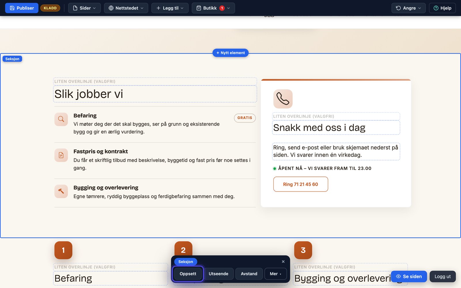 Kontekstlinja når en seksjon er valgt, med Oppsett, Utseende, Avstand og Mer