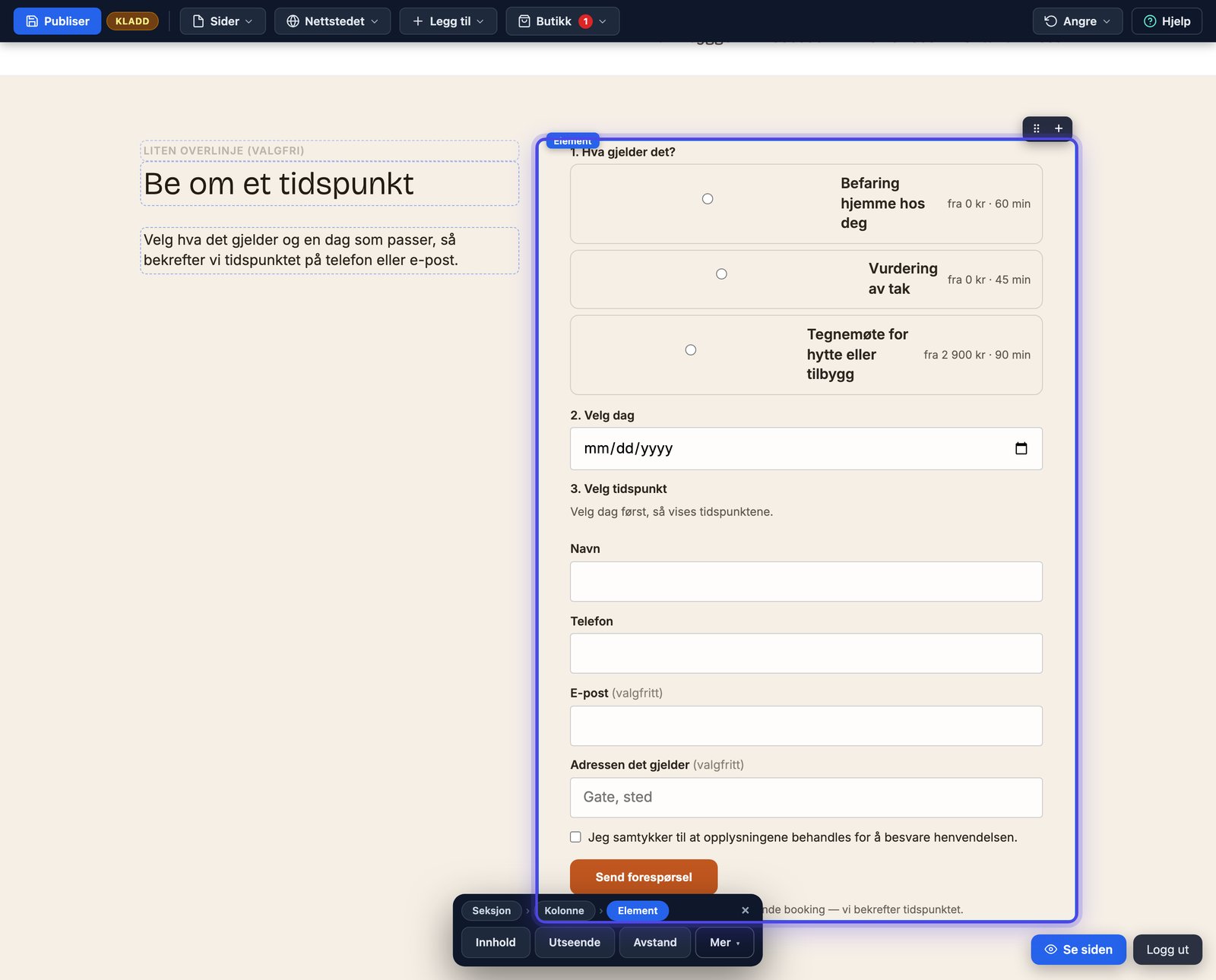 Booking-modulen på nettsiden med valgt tjeneste, dag og tidsluker