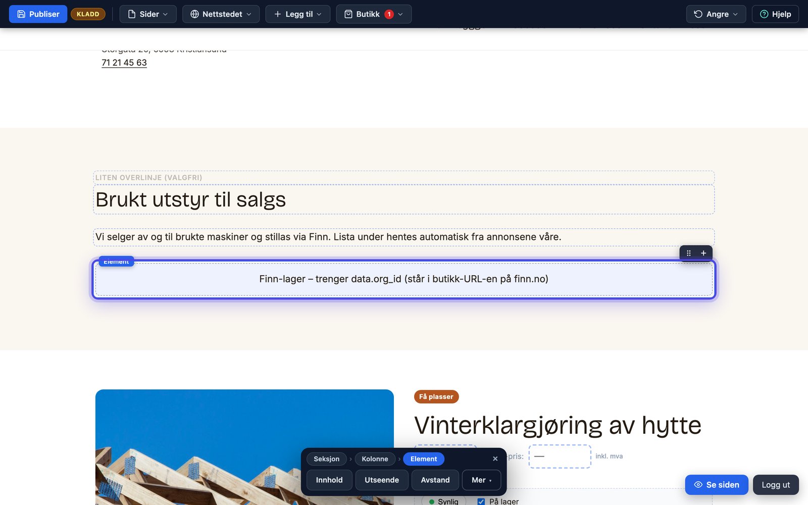 Finn-lageret på nettsiden med seks bilkort og knapper
