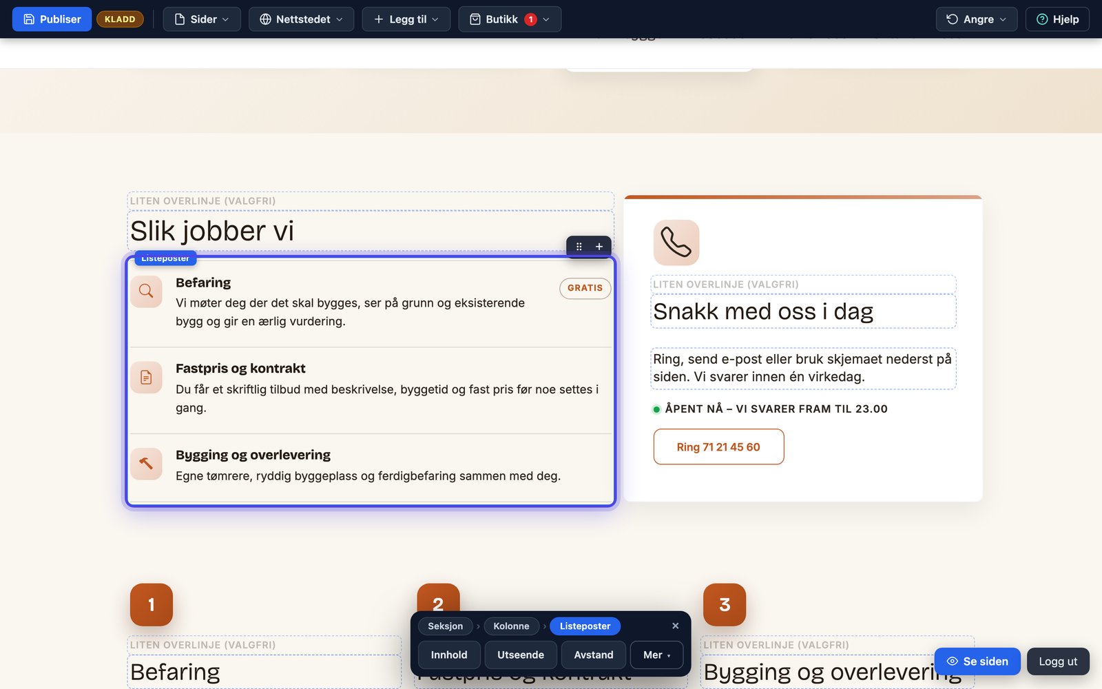 Listepostene på nettsiden med ikoner, merker og piler på lenkede titler