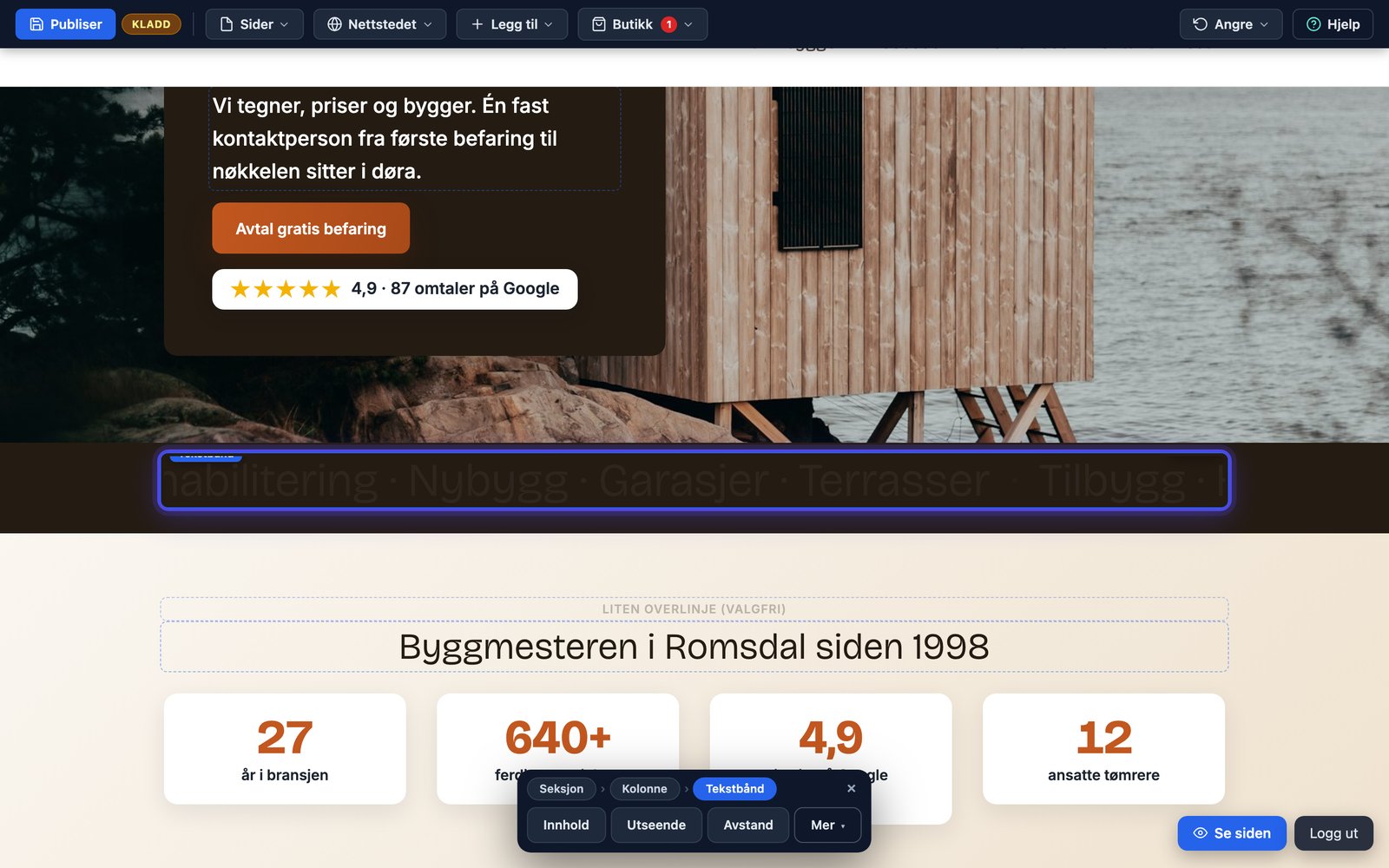 Tekstbåndet på nettsiden mellom toppbildet og innholdet