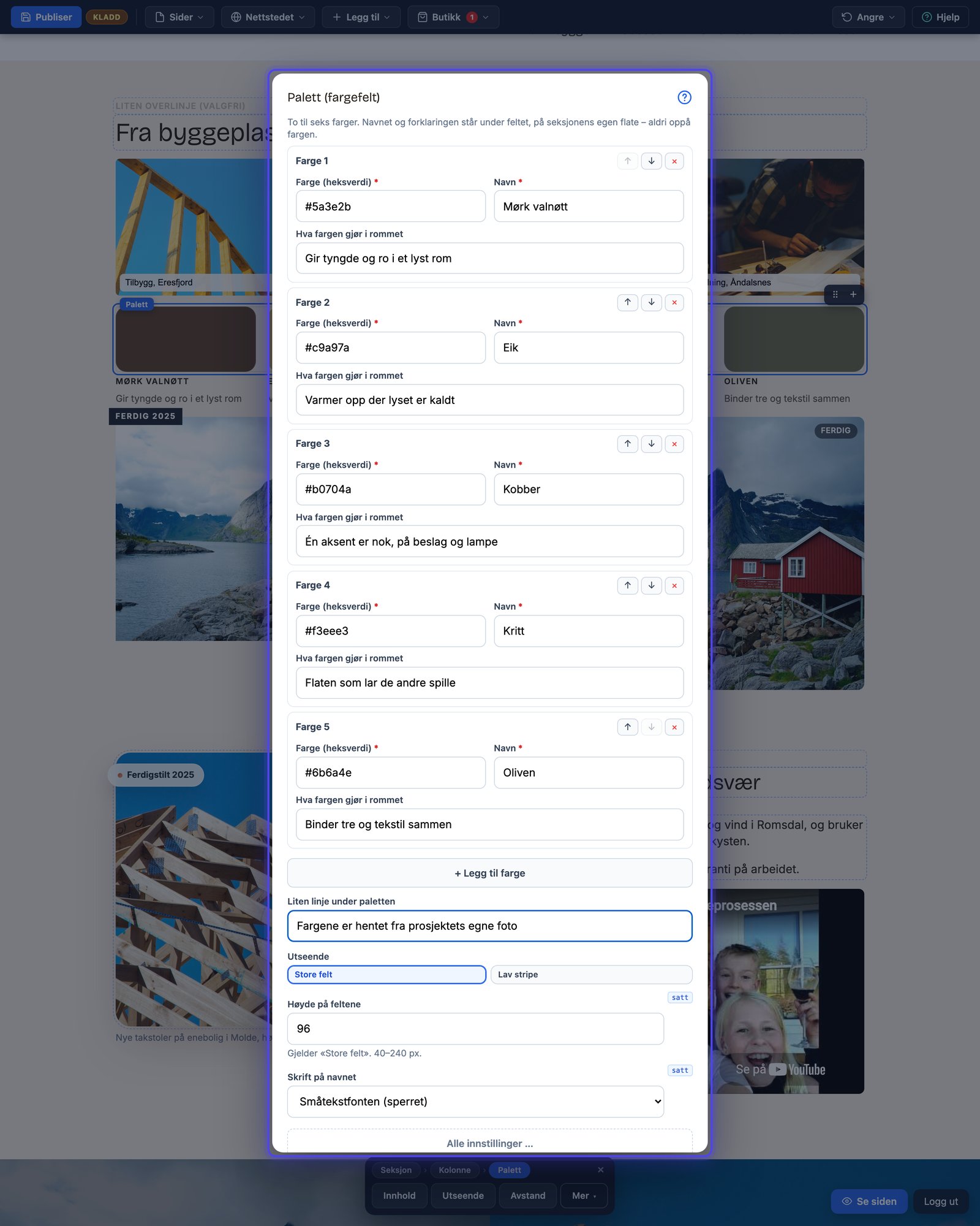 Innhold-dialogen for Palett med fargene som rader, kildelinje og valg av utseende