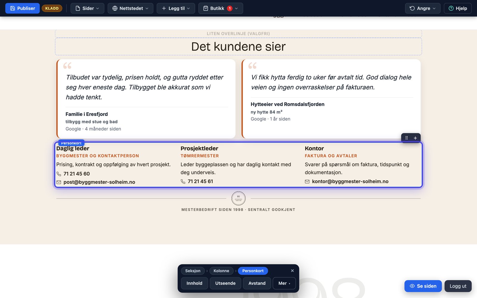 Personkortene på nettsiden med tre kolleger og klikkbar kontaktinfo