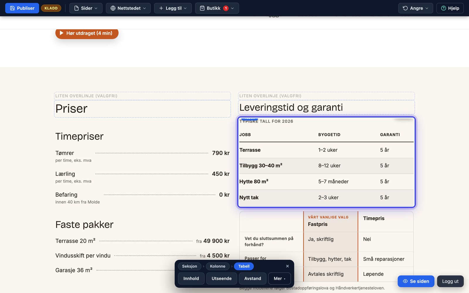 Tabellen på nettsiden med tre kolonner og stripete rader