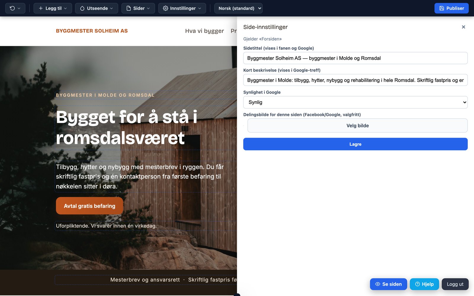 SEO-dialogen med sidetittel, beskrivelse og delingsbilde for siden