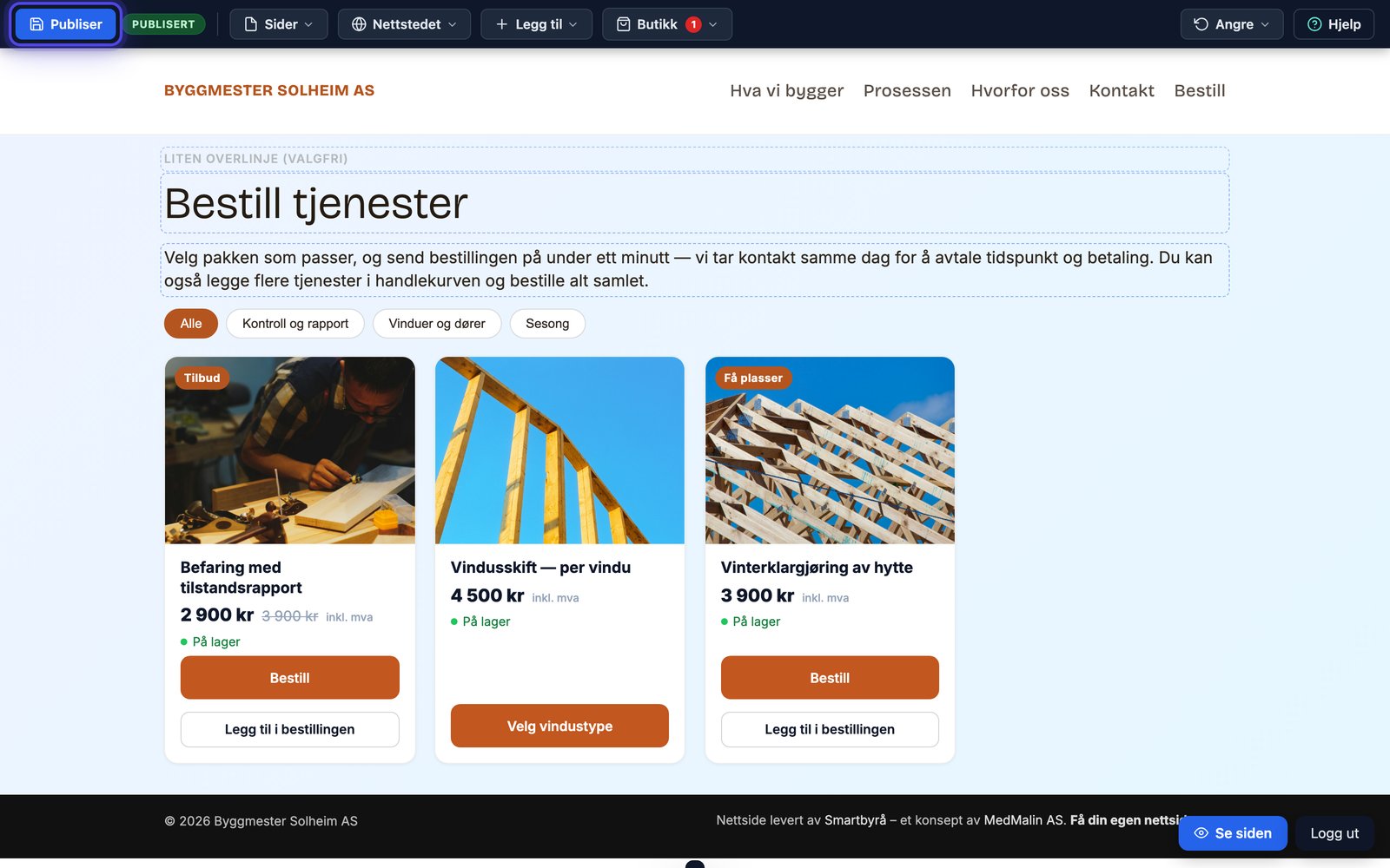 Topplinja i editoren med Publiser-knappen og statusmerket øverst til venstre